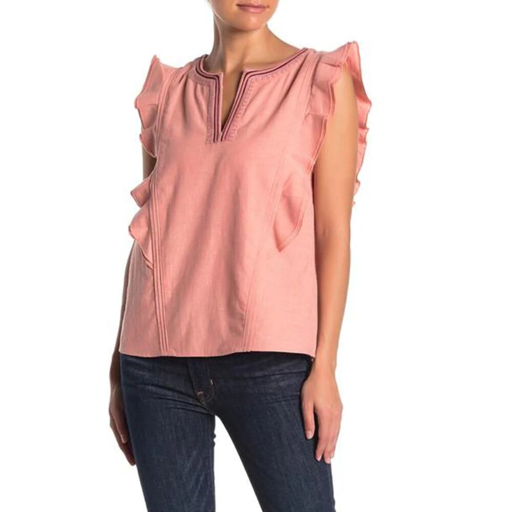 Frye Pink Ruffle Shoulder Tank Top Size M Embroidered Split Neck Sleeveless